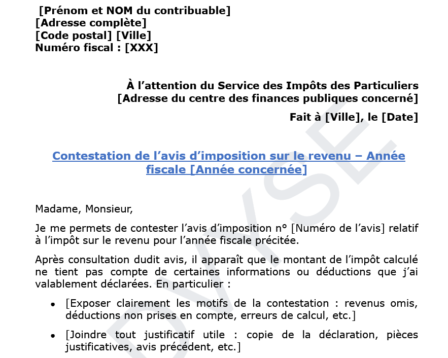 lettre de contestation d’un avis d’imposition sur le revenu
