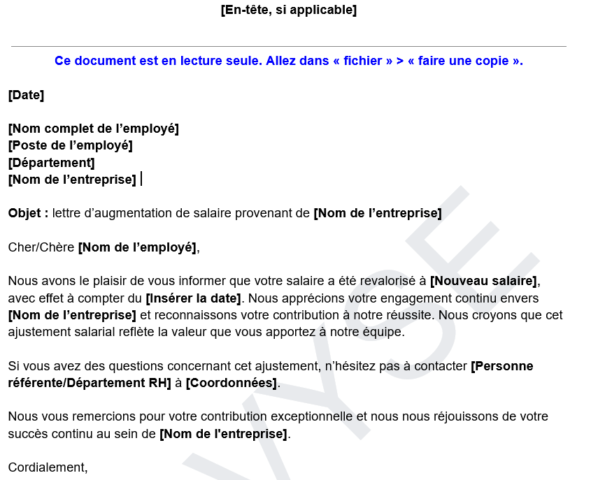modèle de lettre d’augmentation de salaire